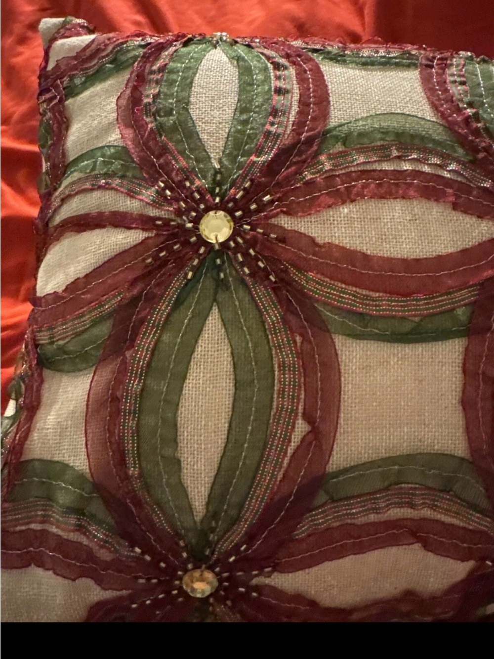 Pier 1 Imports Beaded Chiffon Ribbon Lumbar Pillow Red Green Gold Rhinestone - Picture 5 of 7